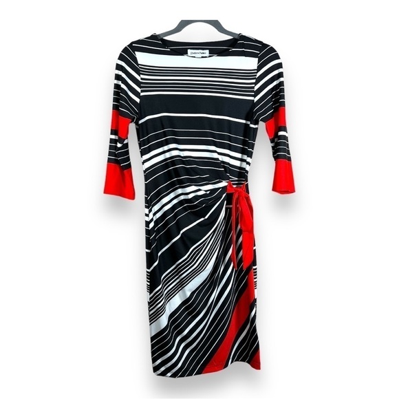 SMALL SHELBY AND PALMER DRESS RED BLACK WHITE STRIPED STRETCH EVENT BUSINESS - Picture 1 of 11